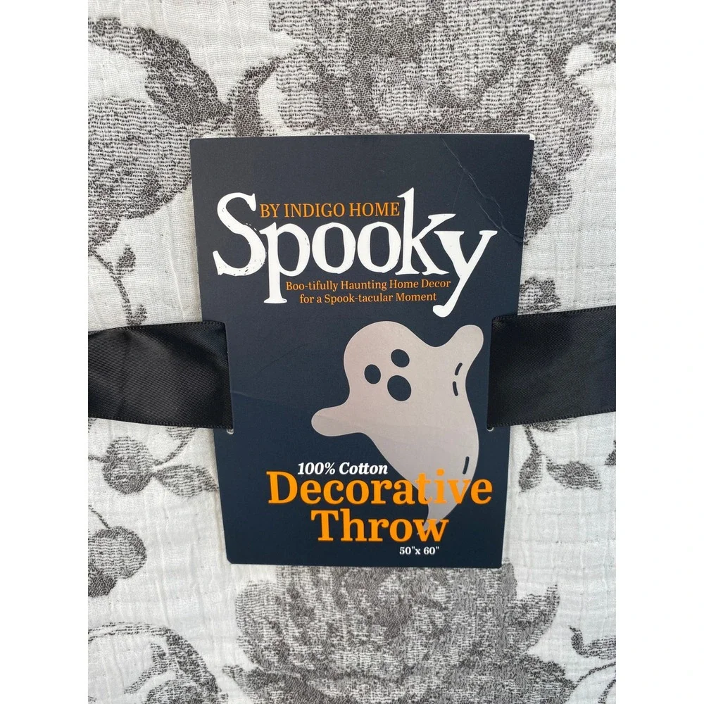Indigo Home Throw Blanket 50x60 Spooky Skull Floral Toile Grey White Halloween